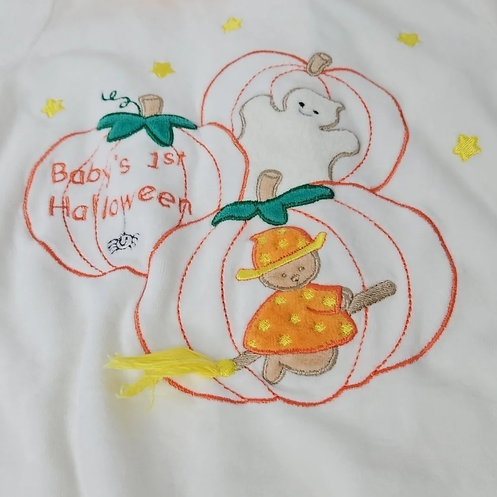 Minibasix Halloween Baby's 1st Halloween  White Velour Pumpkin Boo One Piece 6m
